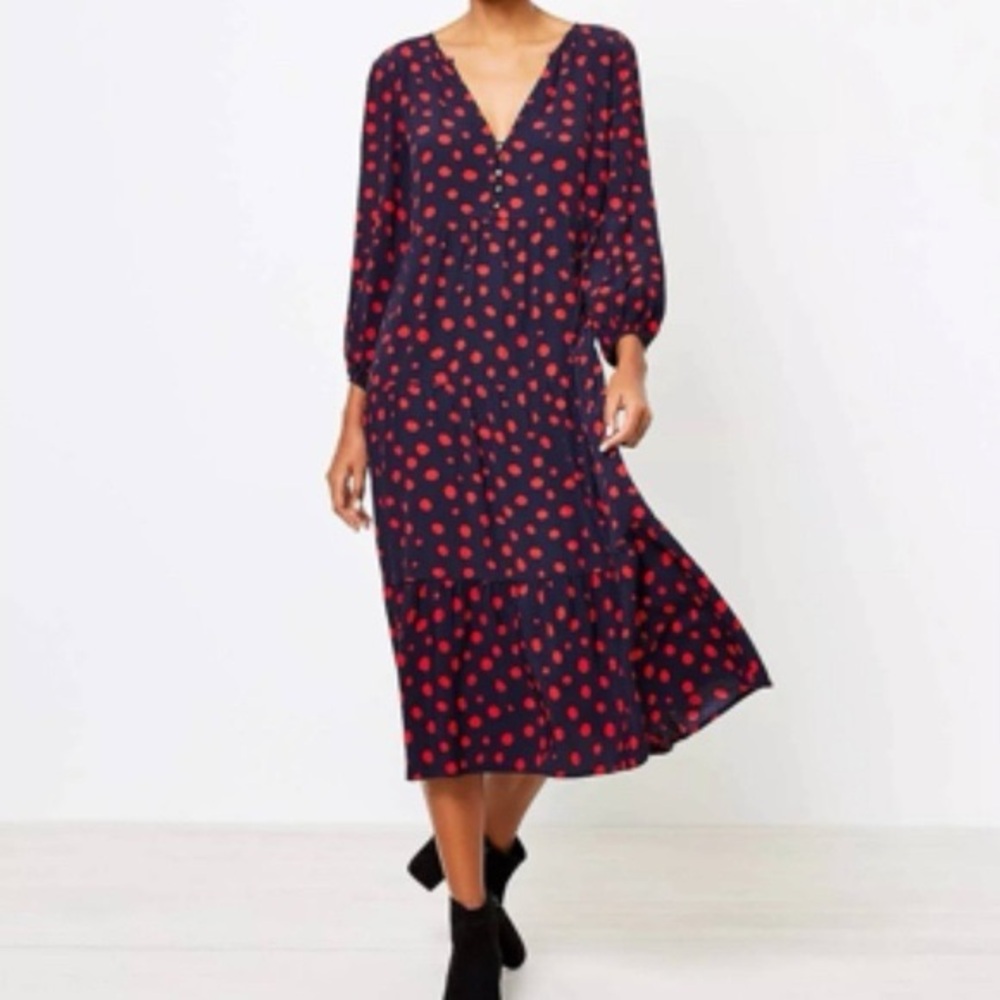 LOFT Elegant Navy‎ and Red Polka Dot Dress